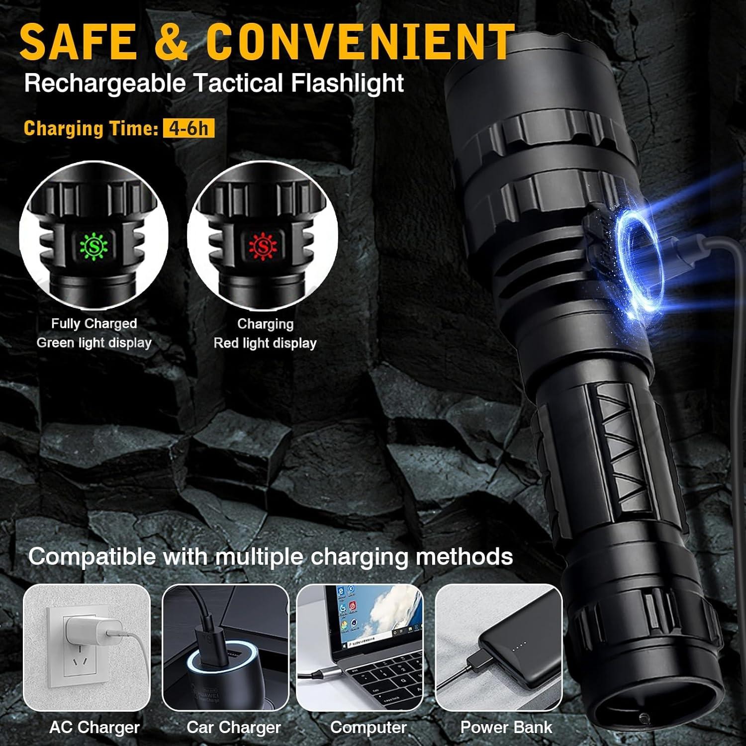 90000LM Tactical Police Gun Flashlight +Picatinny Rail Mount+Switch for Hunting