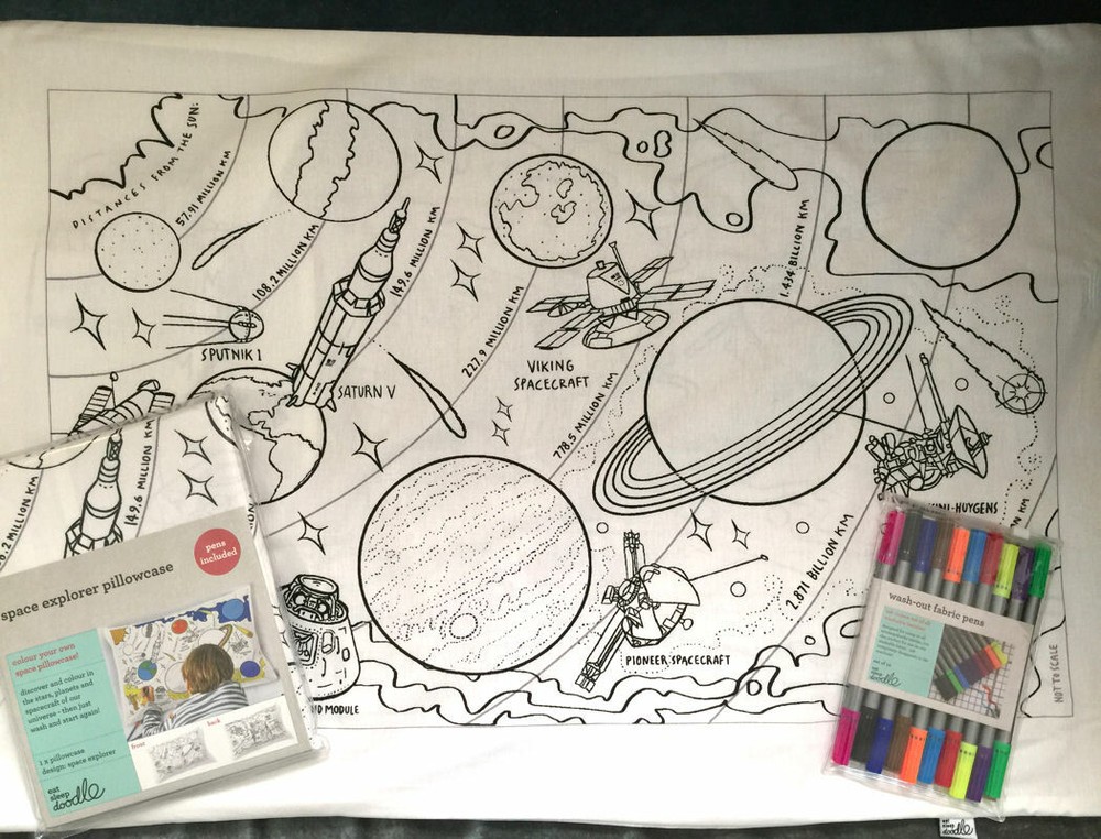 Eatsleepdoodle Space Explorer Pillowcase Color & Learn Planets Rockets with Pens
