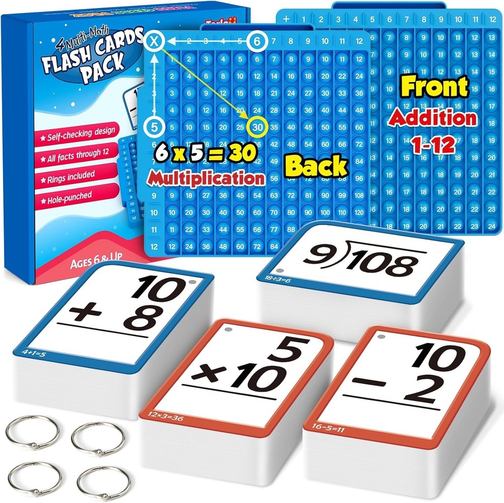 Math Flash Cards + Math Board, Multiplication Flash Card Times Table Chart, M...