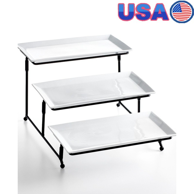 3 Tier Rectangular Porcelain Serving Plate Set Metal Rack Elegant Serveware New