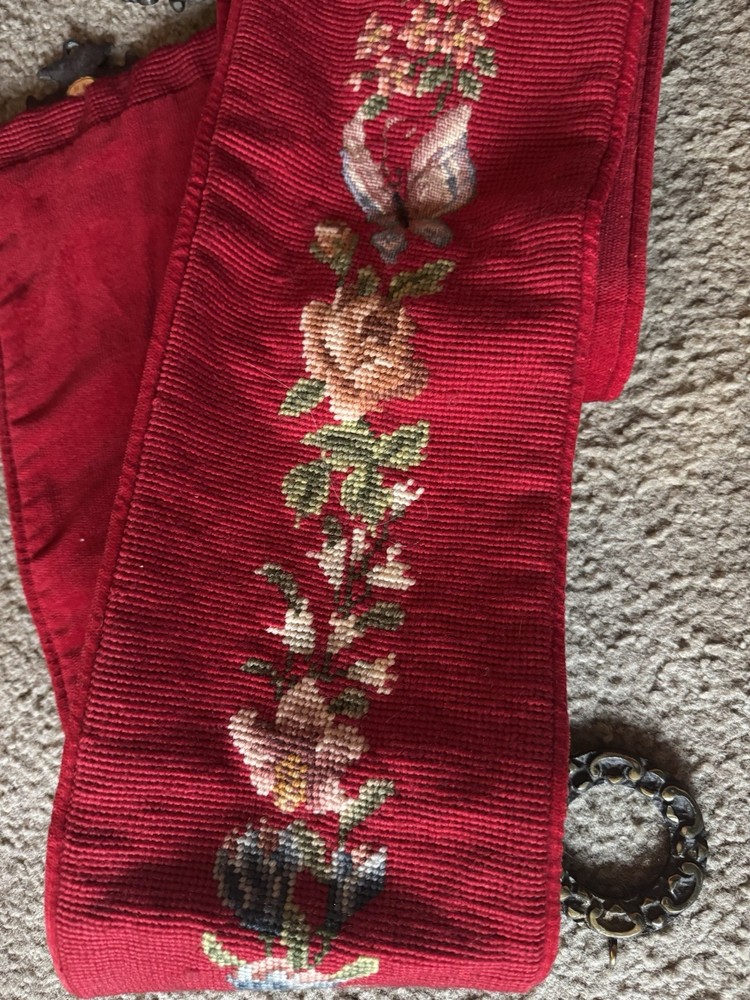 Denmark Needlepoint Butterfly Floral Bell Pull Wall Hanging Brass Hardware 63”