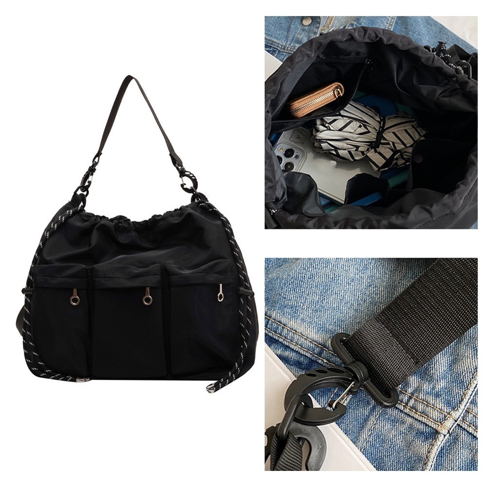 Functional Nylon Shoulder Bucket Bag with Drawstring and 3 Small Pockets