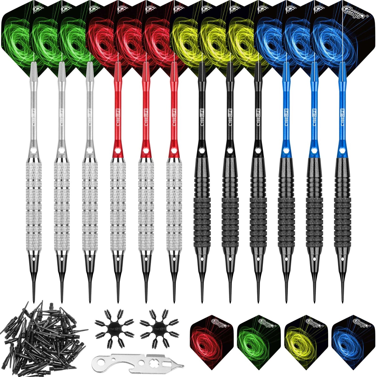 CyeeLife 12pcs Soft Tip Darts Set+12 Flights+100 Soft tip+Tool,Darts Plastic Tip