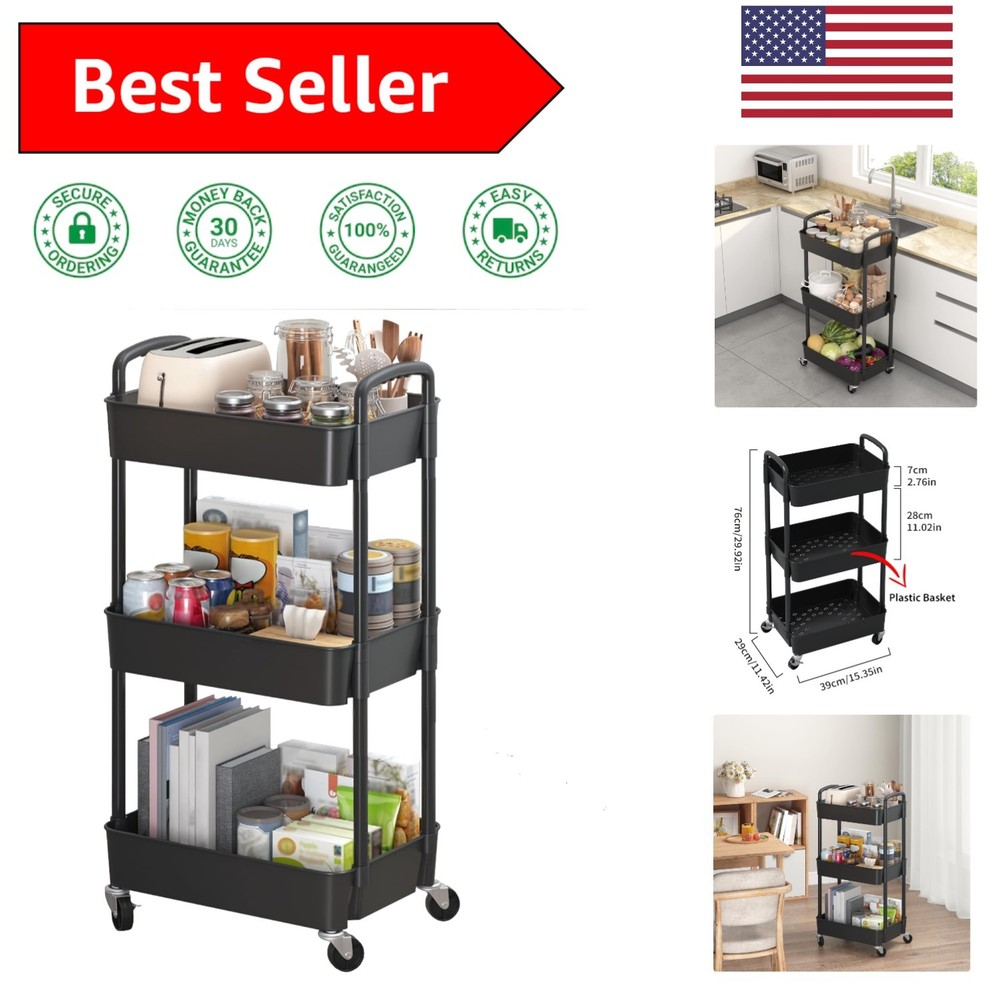 Black Multi-Functional Rolling Cart with Lockable Wheels - Perfect for Any Space