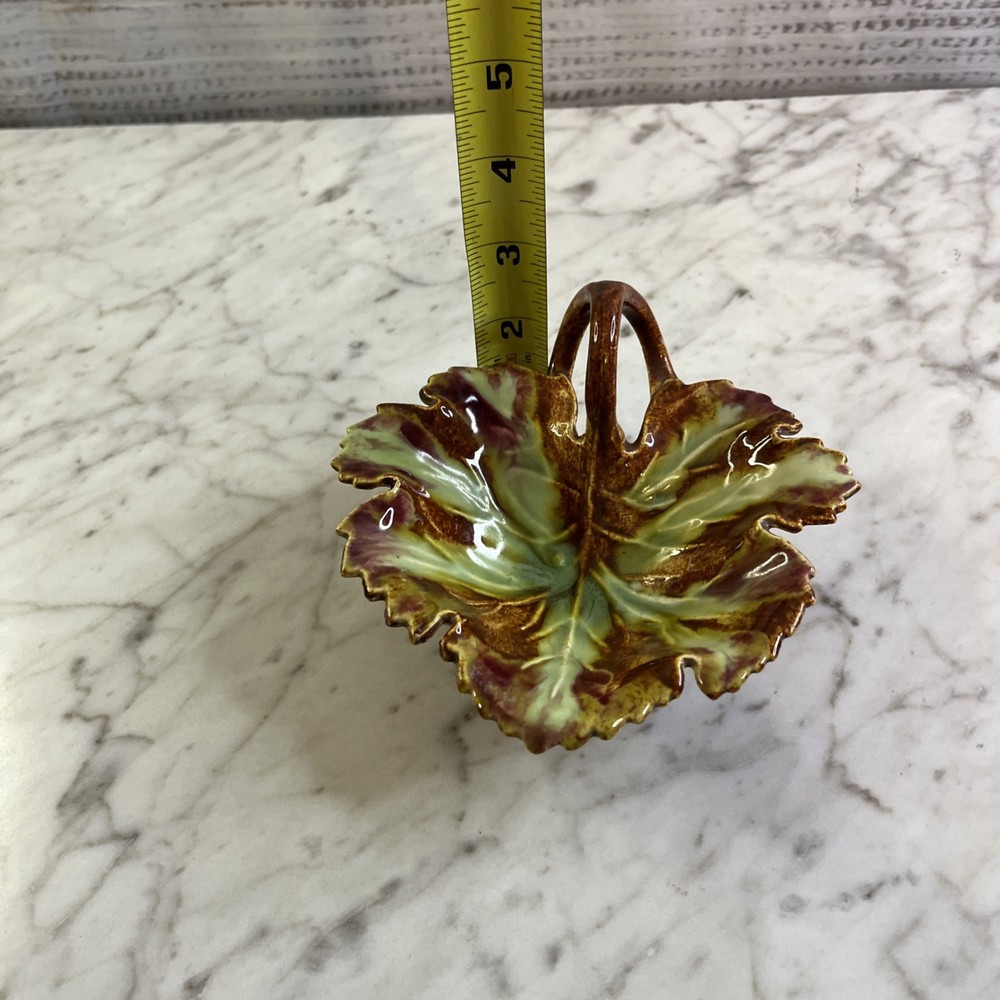 Vintage Maple Leaf Dish Green Brown Ceramic Double Loop Handle MCM