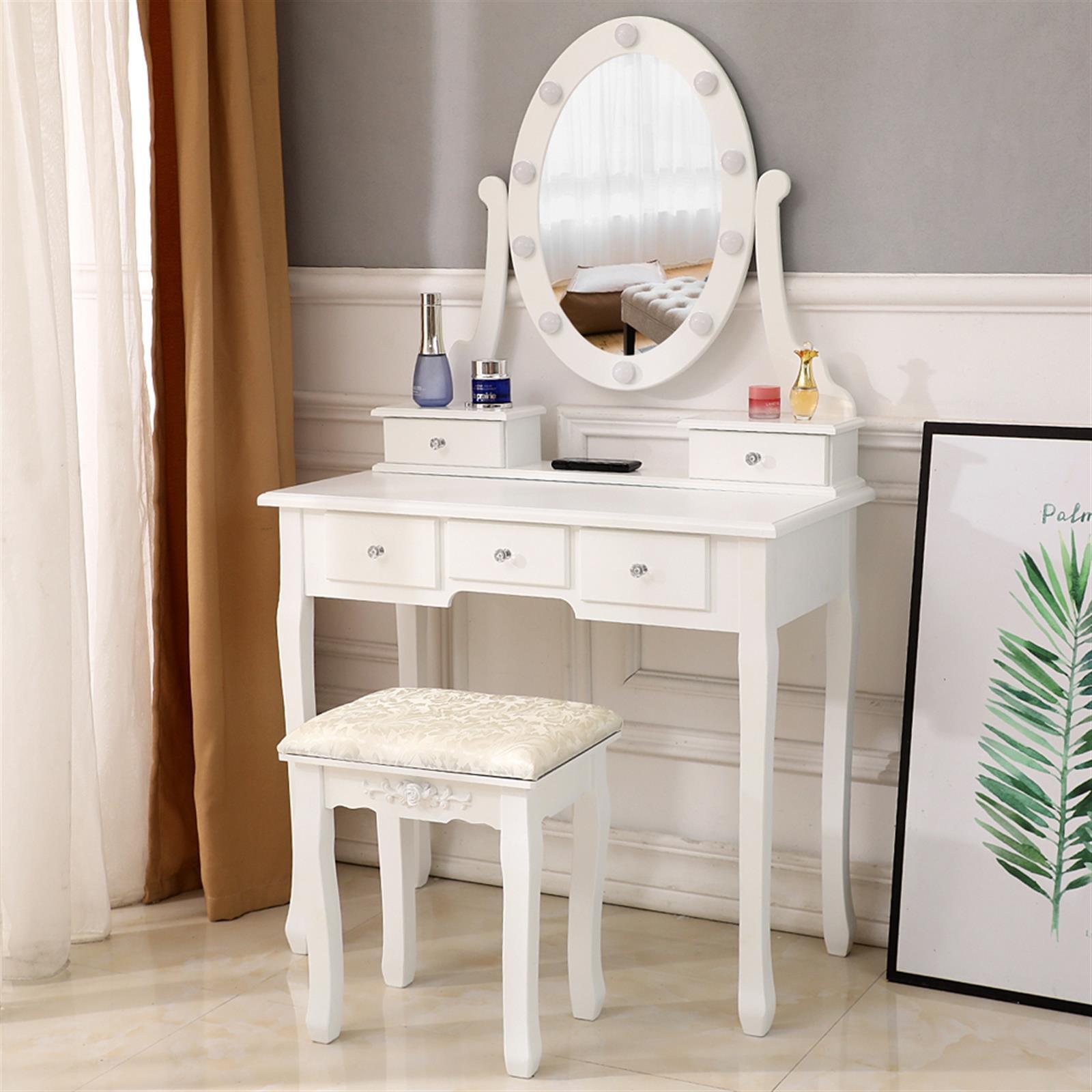 Vanity Makeup Dressing Table Set w/Stool 4 Drawer & Led Mirror Wood Desk White
