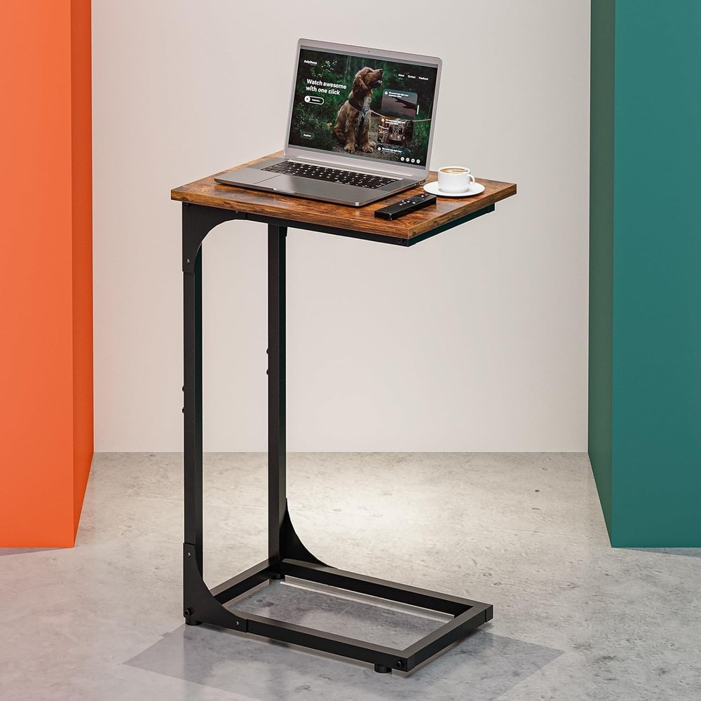 Compact C-Shaped Side Table with Waterproof Top - Rustic Brown & Metal Frame