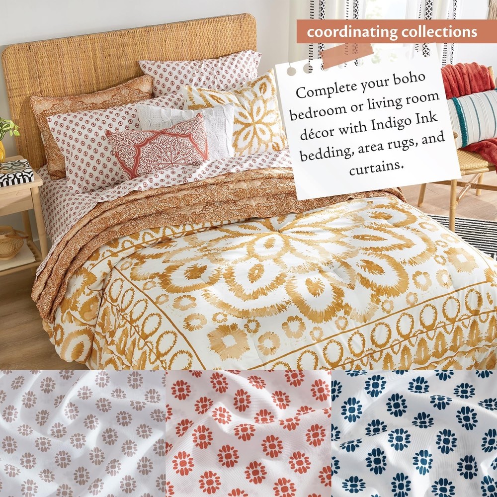 Indigo Ink - Queen Size Sheet Set, 4-Piece Boho Medallion Patterned Bedding, ...