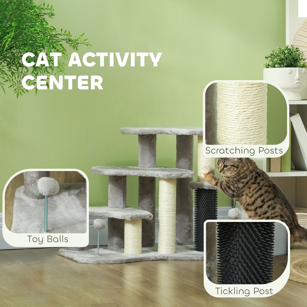 2 in 1 Cat Tree Tower 3-Step Pet Stairs with Scratching Posts, Light Gray