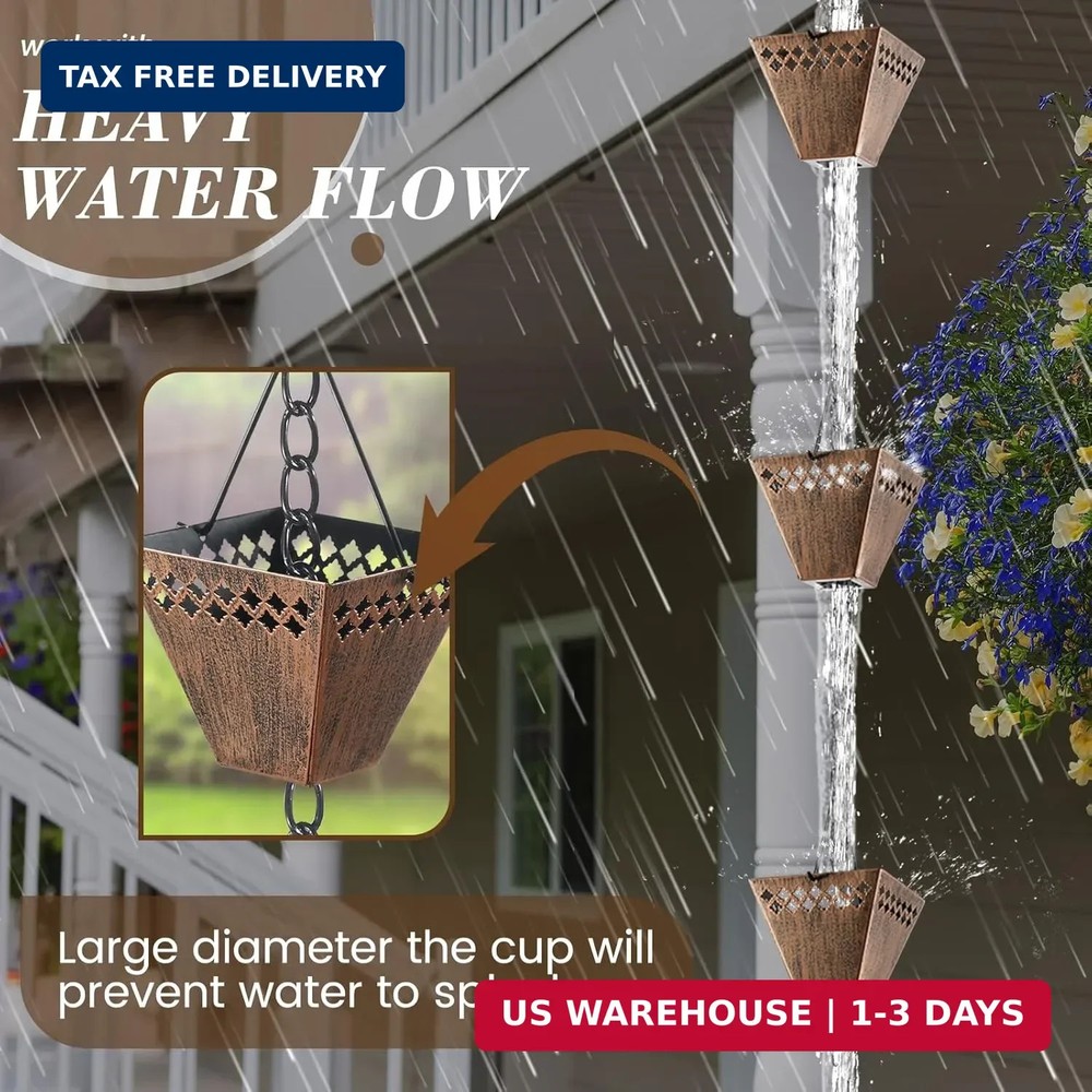 Square Rain Chain Gutter Downspout Copper Rain Chains for Gutters with 12 Cups