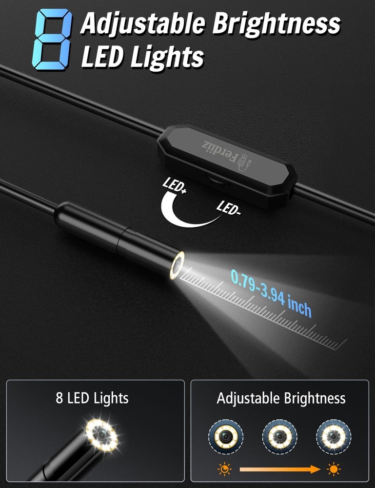 Endoscope Camera with Light, 1920P HD Borescope 8 Adjustable LED black