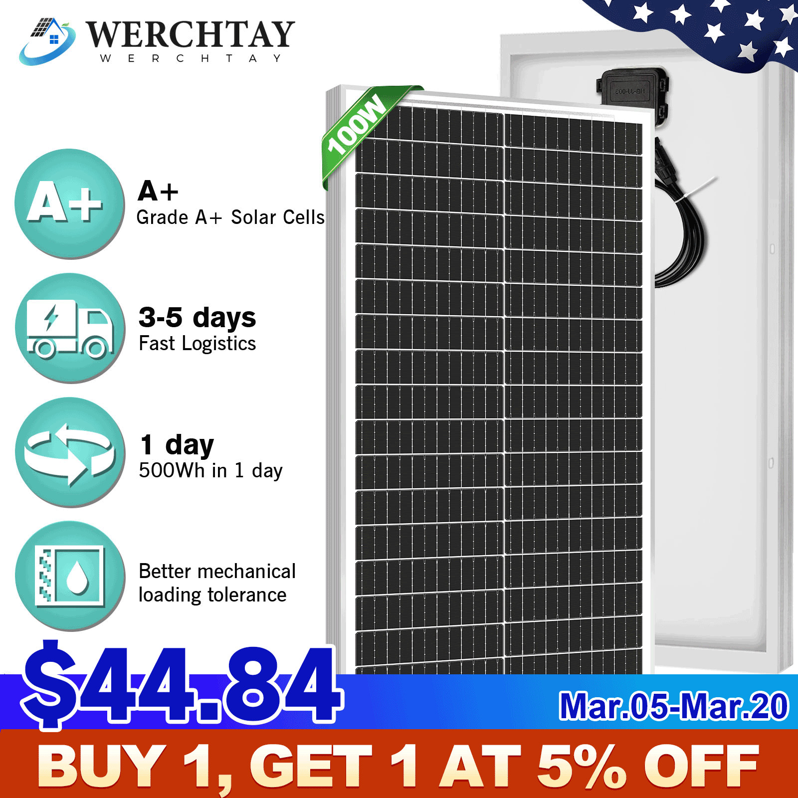 100W Watt 12v Monocrystalline Solar Panel RV Camping Home Off Grid Caravan Boat