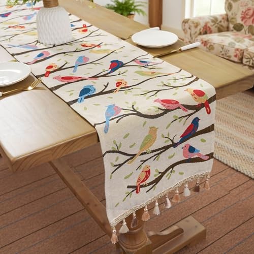 Bird Table Runner Embroidered Boho Spring Runners Table Decorations Macrame