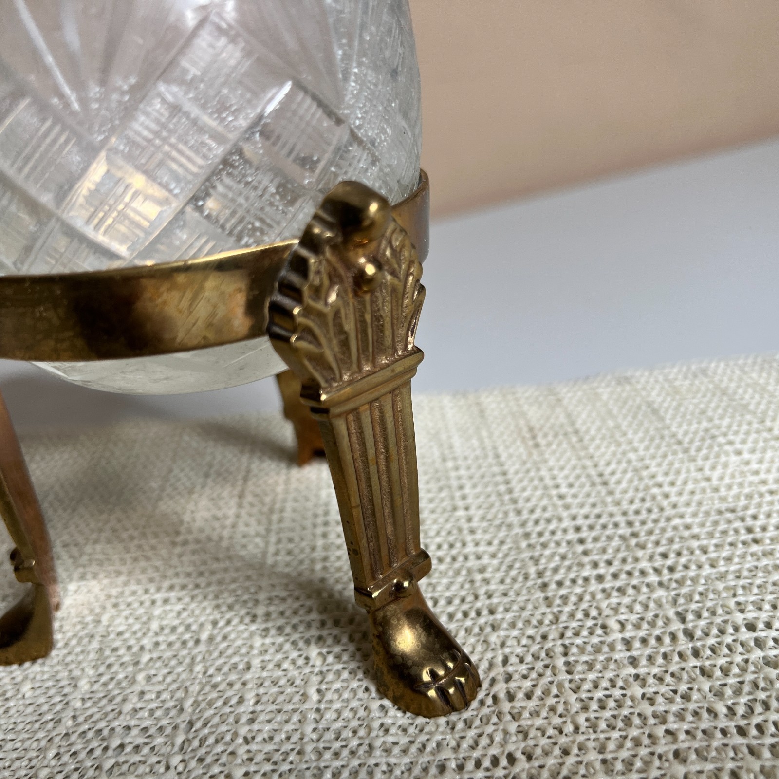 Vintage Brass Footed Cut Glass Bowl Crystal Open Salt Cellar Trinket Dish