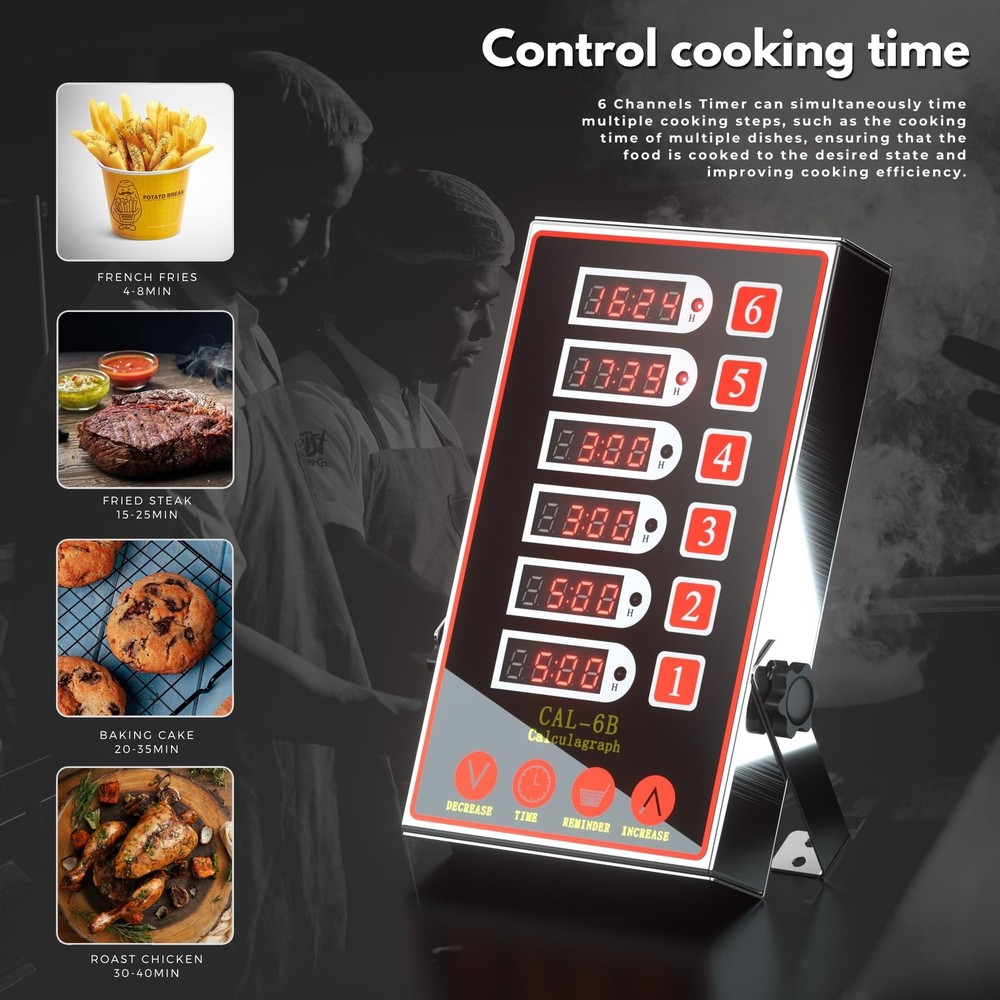Commercial Kitchen Timer with 6 Channels, Professional LED Digital Timer for ...