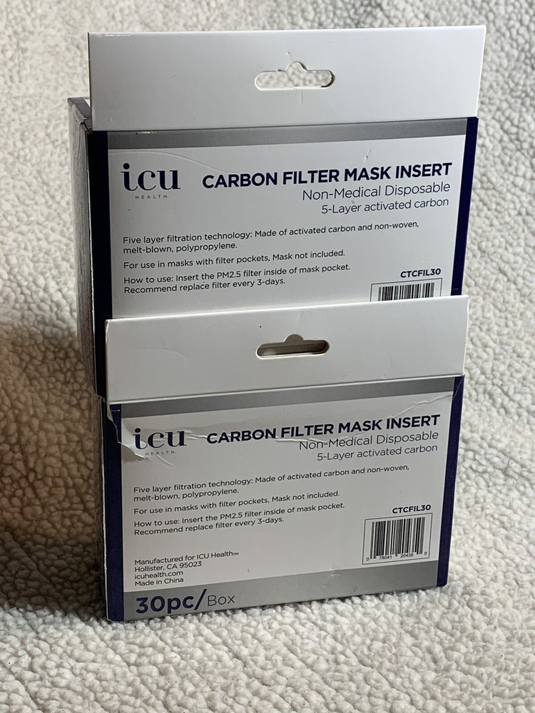 ICU Carbon Filter Mask Insert 5 Layer activated Carbon - 30ct 2 boxes New