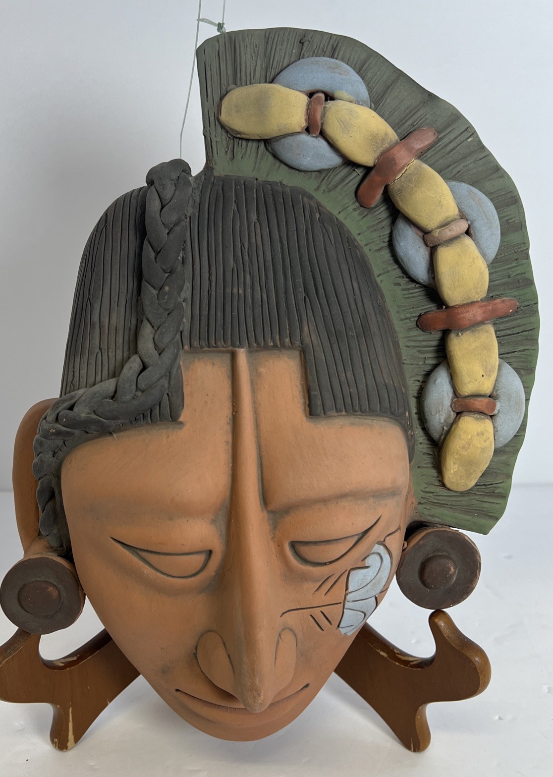 Folk Art Maya Mayan Terracotta Clay Handmade 11” Tribal Warrior Face Mask