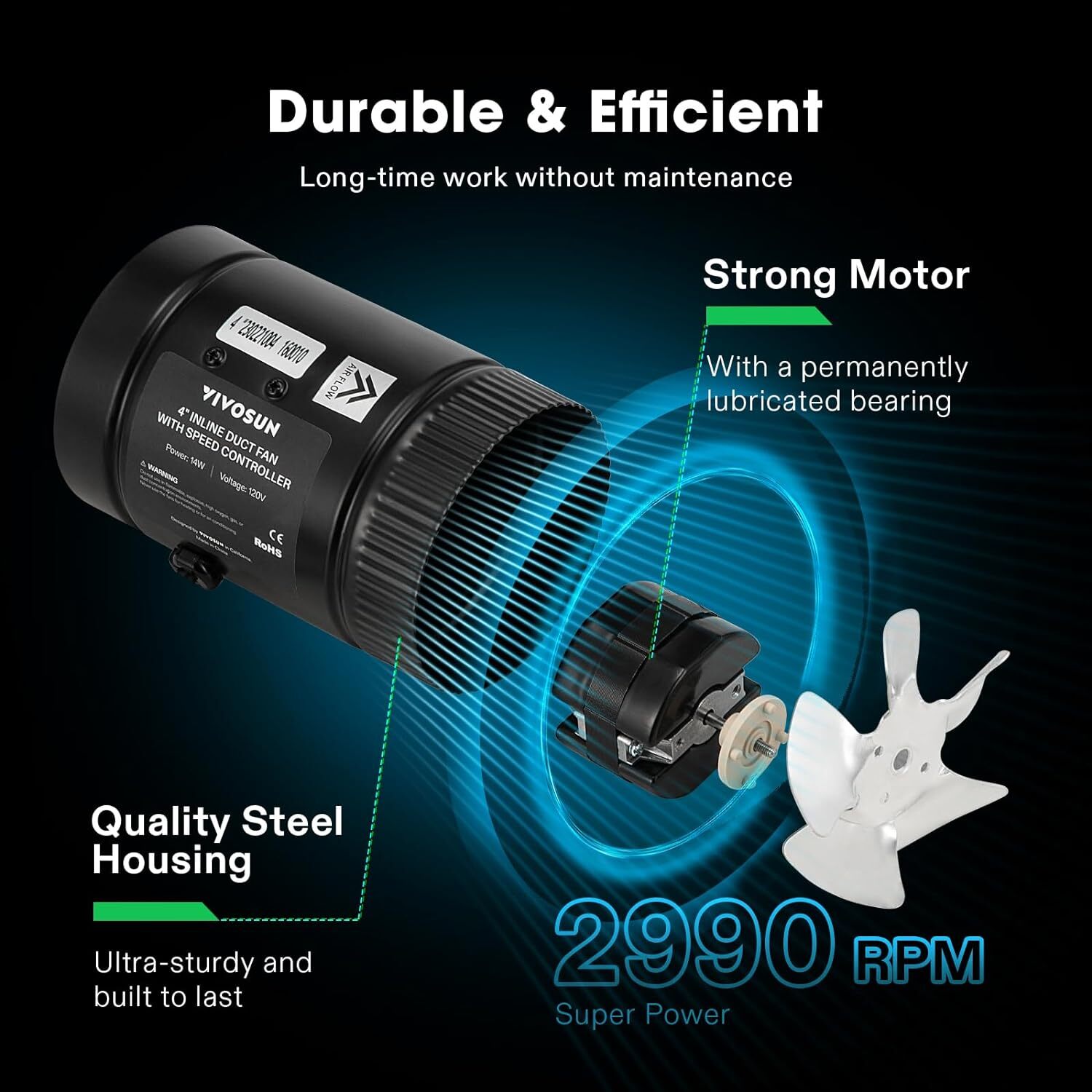 VIVOSUN Inline Booster Duct Fan HVAC Exhaust Ventilation Fan w/Speed Controller
