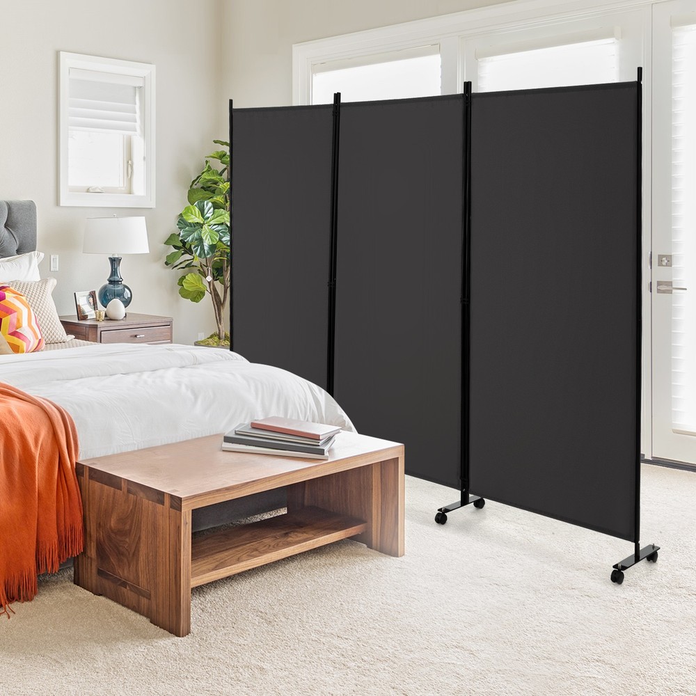 3-Panel Folding Room Divider 6' Rolling Privacy Screen w/Lockable Wheels Grey