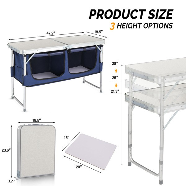 Outdoor Folding Camping Table, 4ft Portable Pinic Table with 3 Adjustable Height