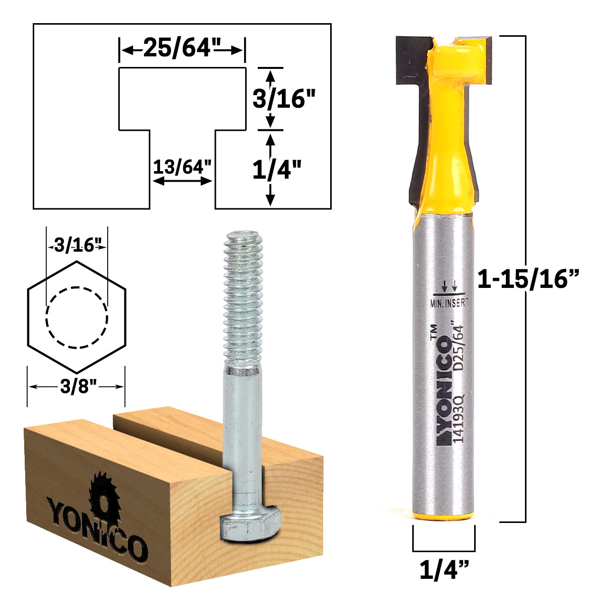 T Slot Router Bit 3 Bit Set - 1/4" Shank - Yonico 14392q