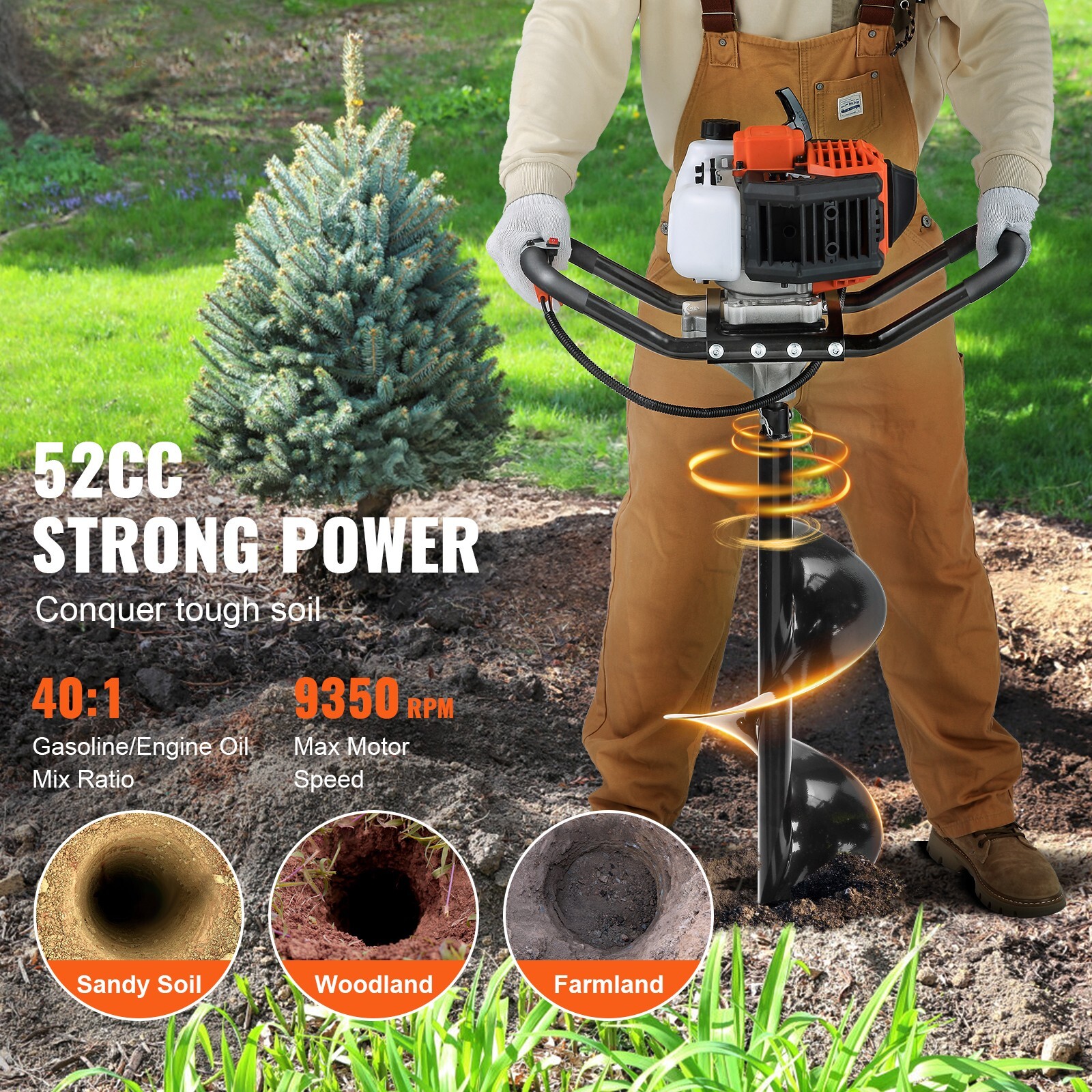 Post Hole Digger 52cc Gas Powered Earth Digger 2 Auger Drill Bit 6" & 10"