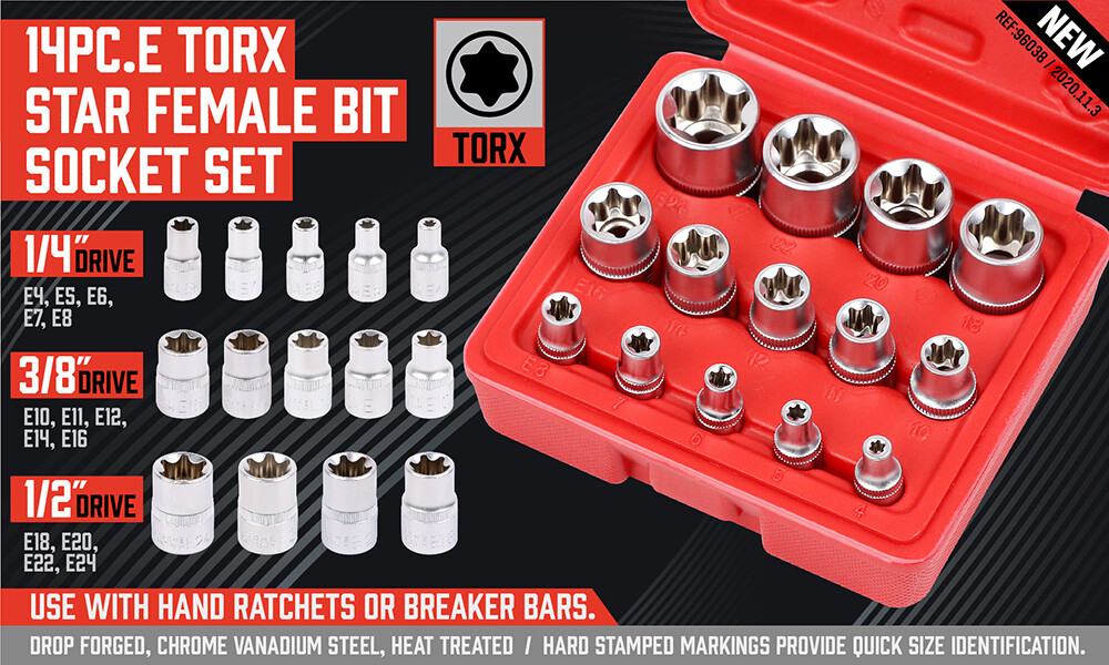 14 Pcs E Torx Star Female Bit Socket Set 1/2" 3/8" 1/4" Drive E4 -E24 with Case