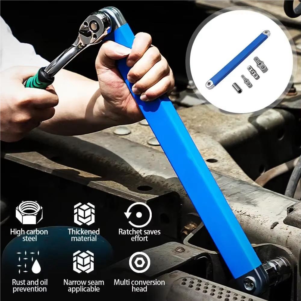 Multifunctional Car Offset Extension Wrench with 4 Adapters, Dual-purpose Socket