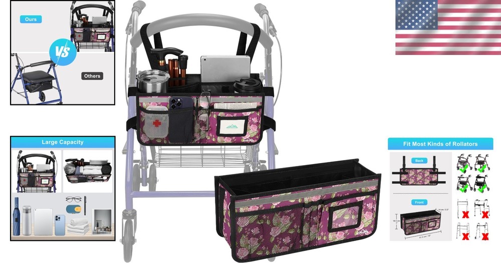 Elegant Rollator Walker Bag with Cup Holder - Waterproof & Spacious Design