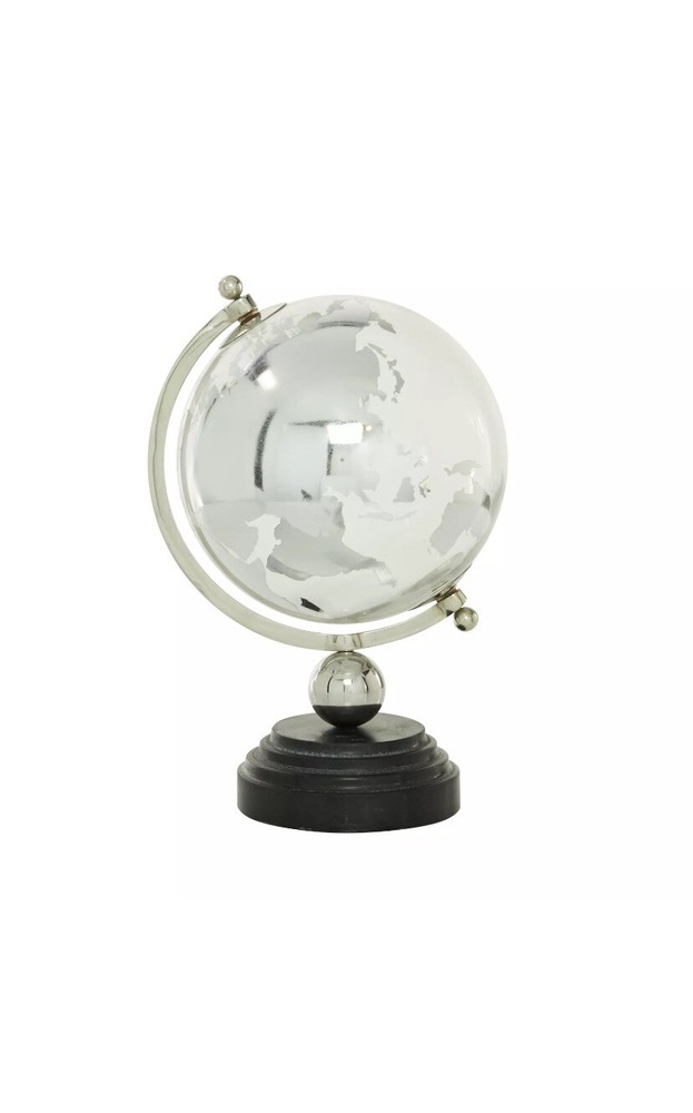 New 13 in. Silver Decorative Globe with Black Marble Base