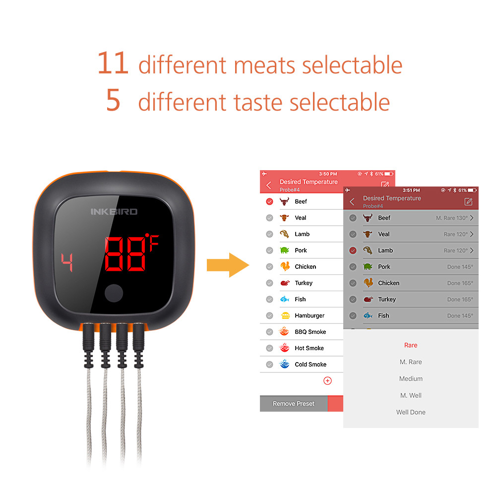 Rechargeable Bluetooth BBQ Thermometer Wireless Cooking Meat Sensor 2/4 Probe US
