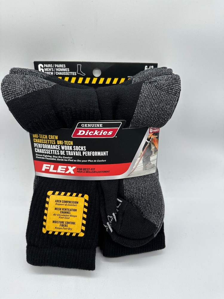 NEW 6 PAIR PACK DRI-TECH CREW GENUINE DICKIES MENS FLEX PERFORMANCE WORK SOCKS