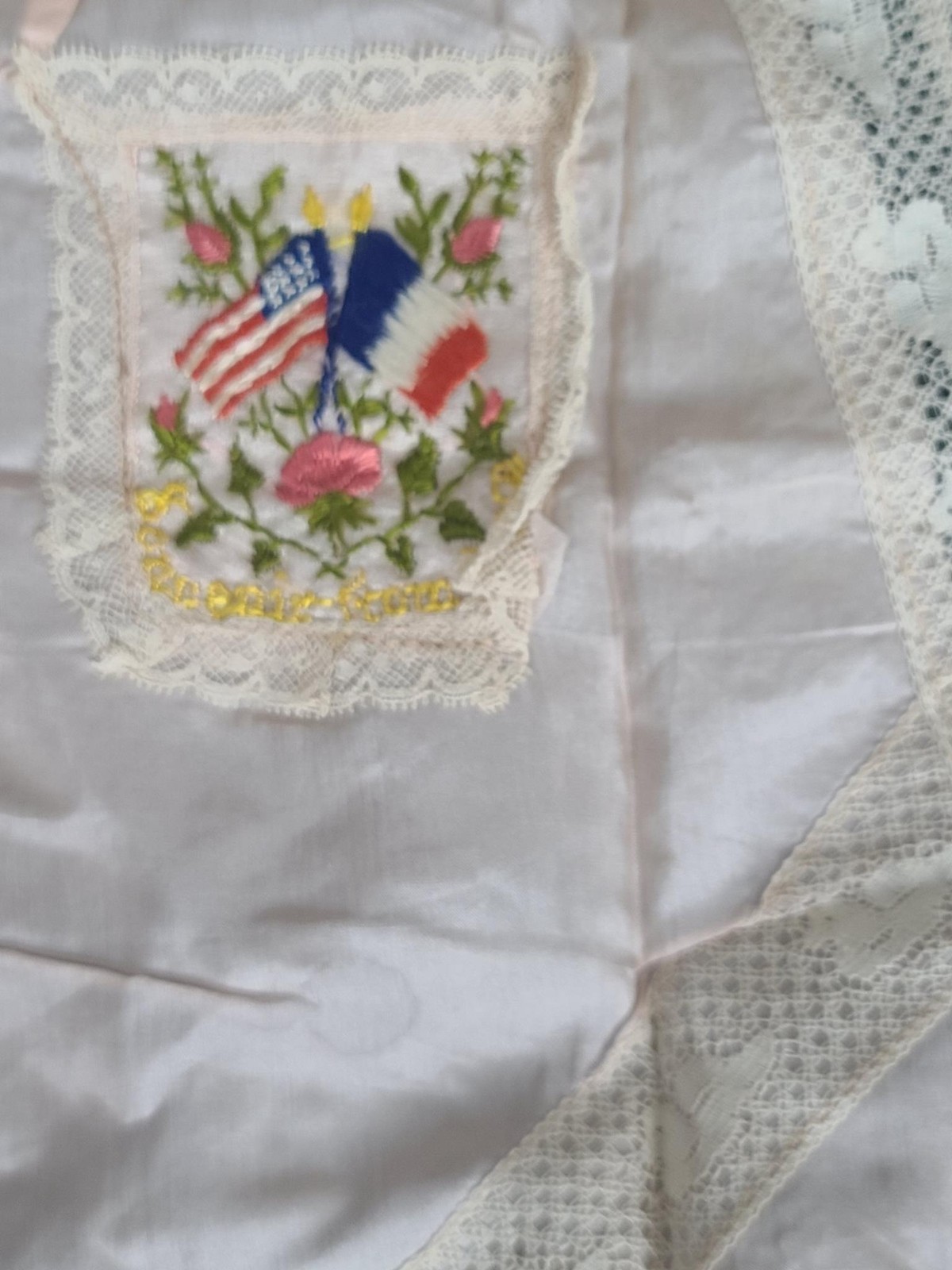 WWI Souvenir of France Silk Apron Allies Liberation Sweetheart Lace Duck Vintage