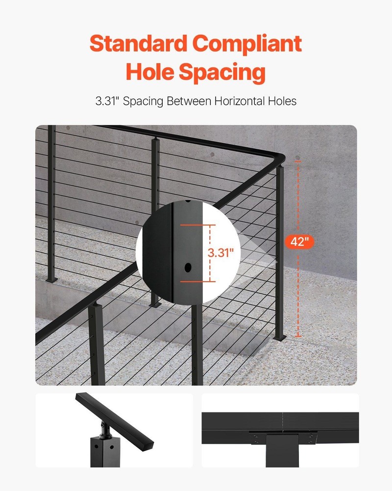42in Black L-Style Corner Railing Post SUS304 Steel Cable System Ready