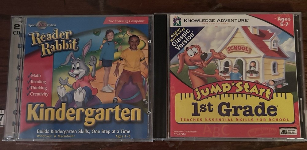 Lot Of Two Learning CDs Reader Rabbit Kindergarten /Jump Start 1st Grade (057)