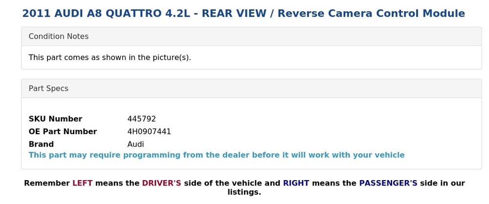 2011 AUDI A8 QUATTRO 4.2L - REAR VIEW / Reverse Camera Control Module