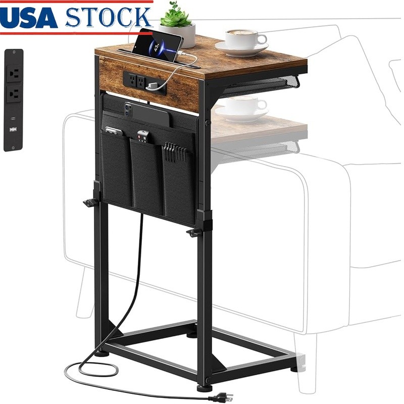 Adjustable C Table W/ Charging Station USB Type-C AC Outlet Storage Pockets