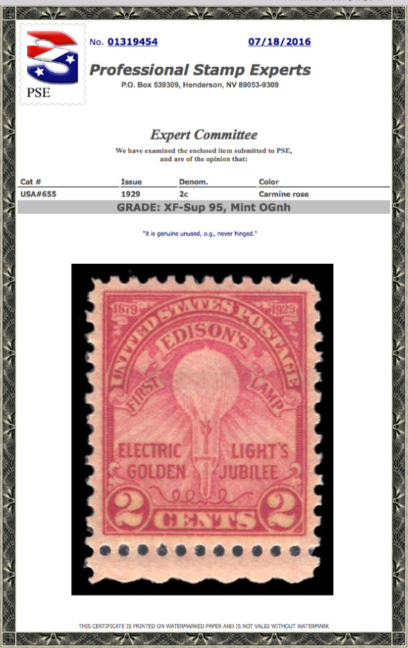 #655 MNH PSE Graded 95,  PSE Certificate # 01319454