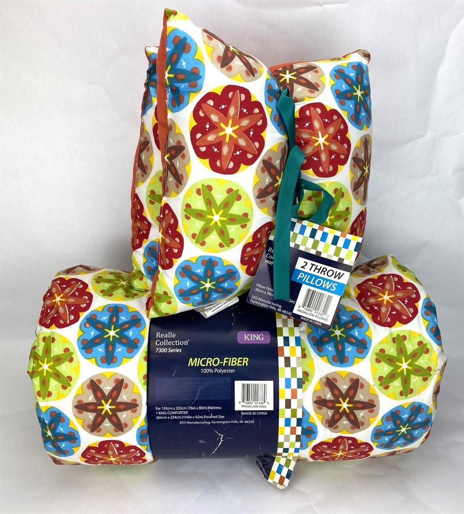 Floral King Comforter Set + 2 Throw Pillows Multicolor & Orange