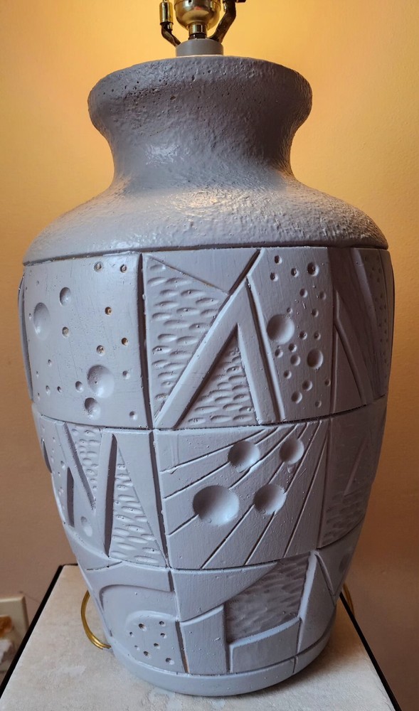 Postmodern Gray Ceramic Table Lamp Geometic Pattern 30" - See Pics