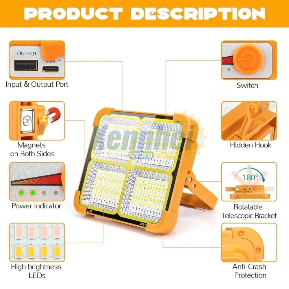 Portable LED Work Solar Light 2400mAh Rechargeable Flashlight Floor Lamp 5 Modes