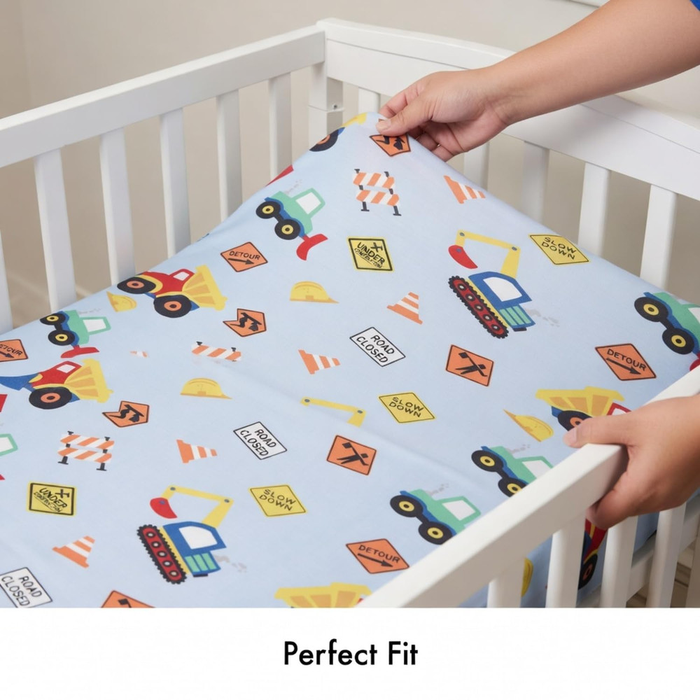 Baby Boy Fitted Crib Sheet, under Construction, 100% Soft Breathable Microfiber