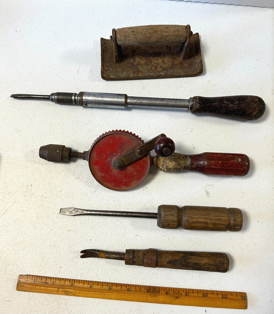 Vintage 5 Wooden Handles Tools: Drill, Screwdriver, Edger, Tack Puller,