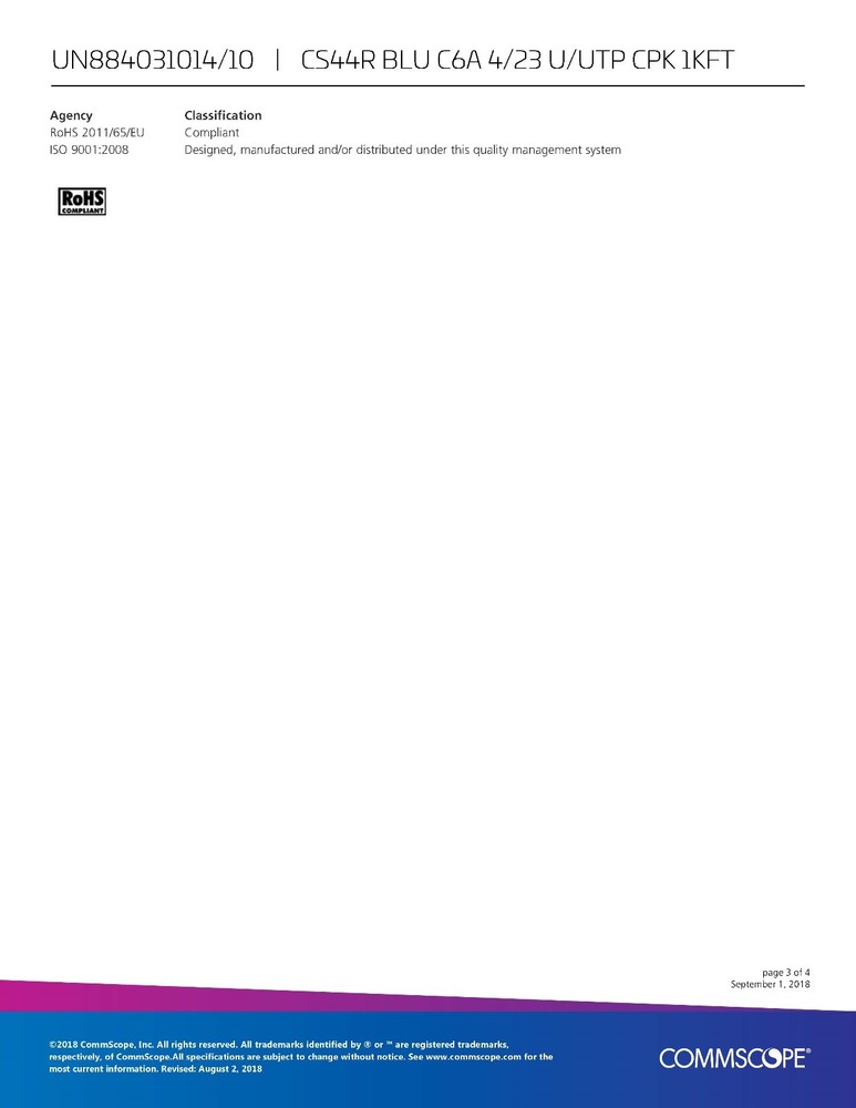 Commscope CS44R Cat6A U/UTP Network Ethernet 10G 10Gig Cable Riser Blue /100ft
