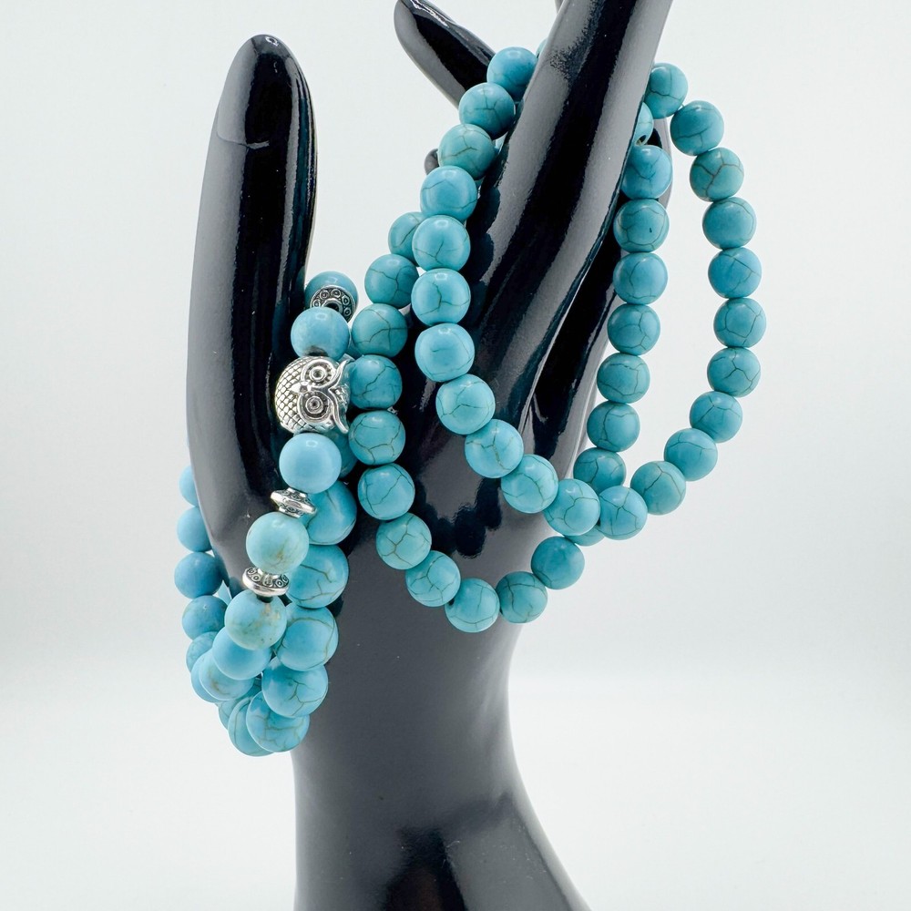 4 Turquoise Bead Bracelets Stretch Owl Stack Layer Southwestern Retro Boho