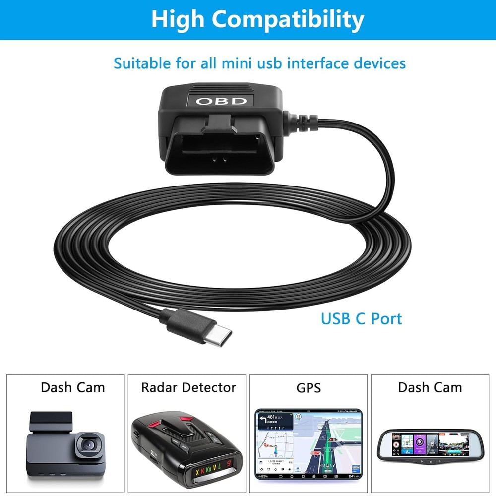 CERRXIAN OBD Power Cable for Dash Camera OBD2 to Type C Adapter Hardwire...