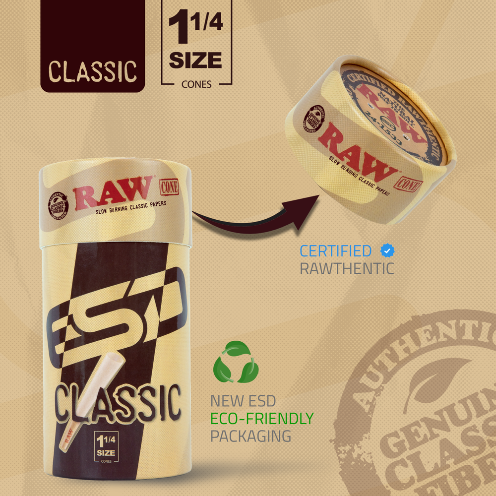 RAW Cones 1-1/4 Classic | 50 Pack | Slow Burning with Pre-Rolled Tips