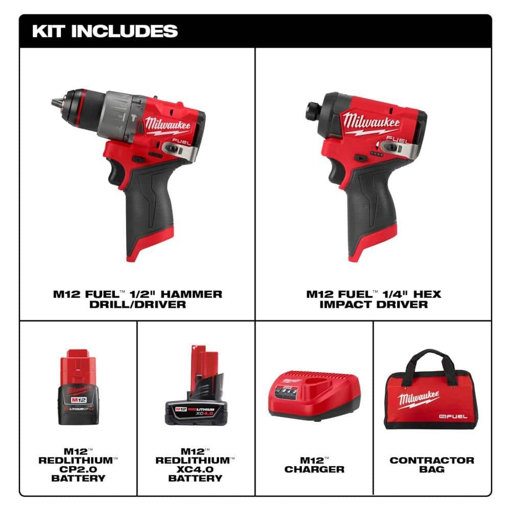 Milwaukee 3497-22 M12 FUEL Impact Driver And Hammer Drill 2-Tool Combo Kit 12V