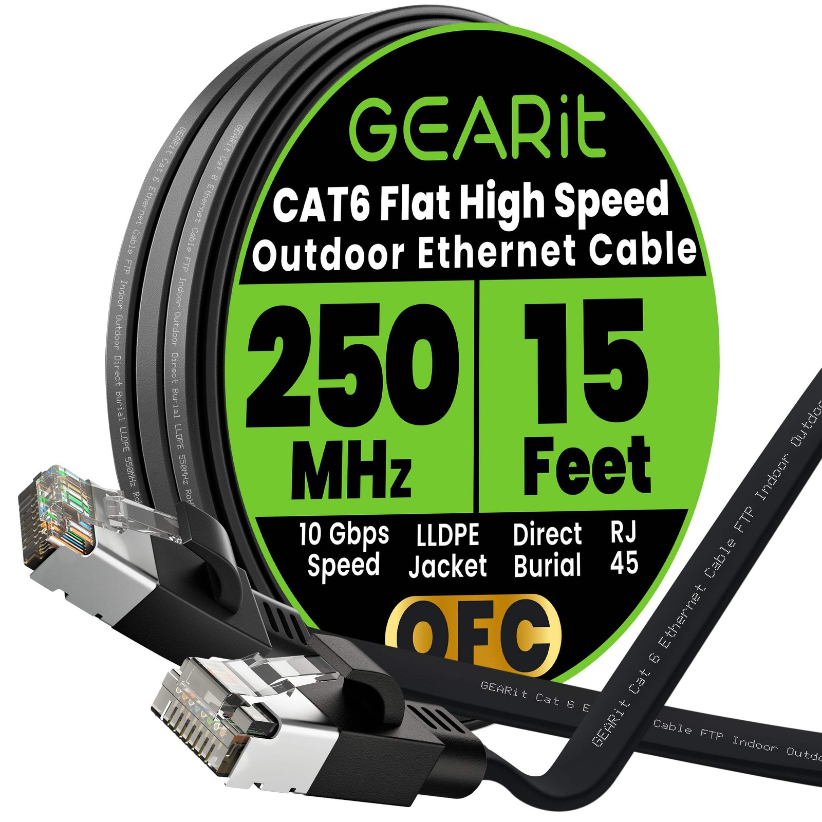Ethernet Cable Cat 6 Indoor & Outdoor Flat RJ45 Network Internet Cable Black