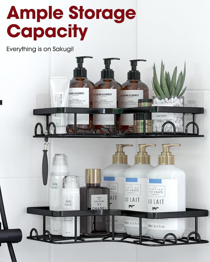 Corner Shower Caddy - 2 Pack, Adhesive Organizers, Medium, Black